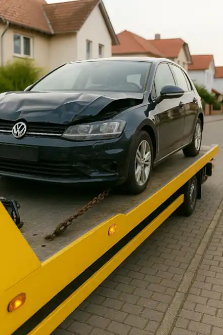 Ein defektes Fahrzeug, das in Wiesbaden für den Autoankauf abgeschleppt wird.