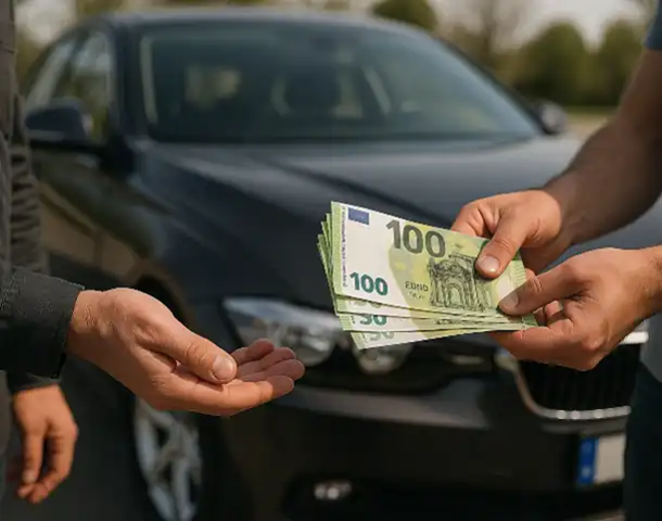 Ein Kunde erhält Bargeld beim Autoankauf in Wiesbaden, nachdem sein Fahrzeug erfolgreich verkauft wurde.